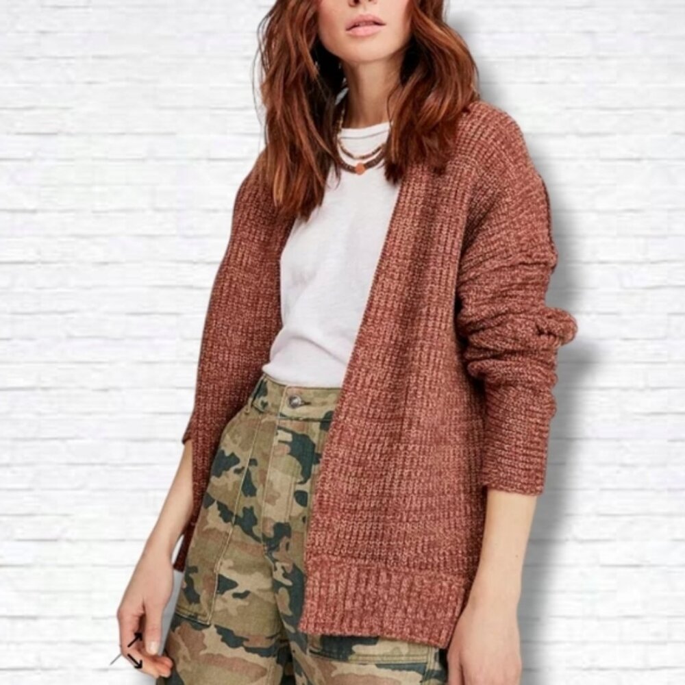 Free People High Hopes Brown Chunky Knit Open Front Cardigan Sweater Size S